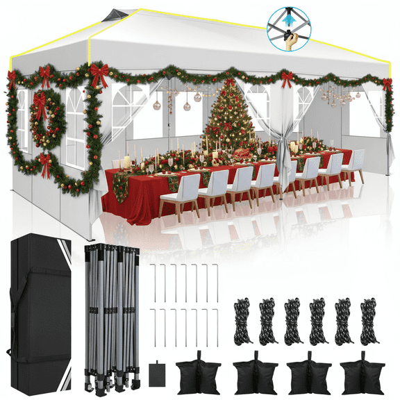 COBIZI 10x20 Pop Up Canopy Tent Instant EZ Up Waterproof Portable with Sidewalls Air Vent Reflective Strip 4 Sandbags, Outdoor Party Garden Camping Canopy, White
