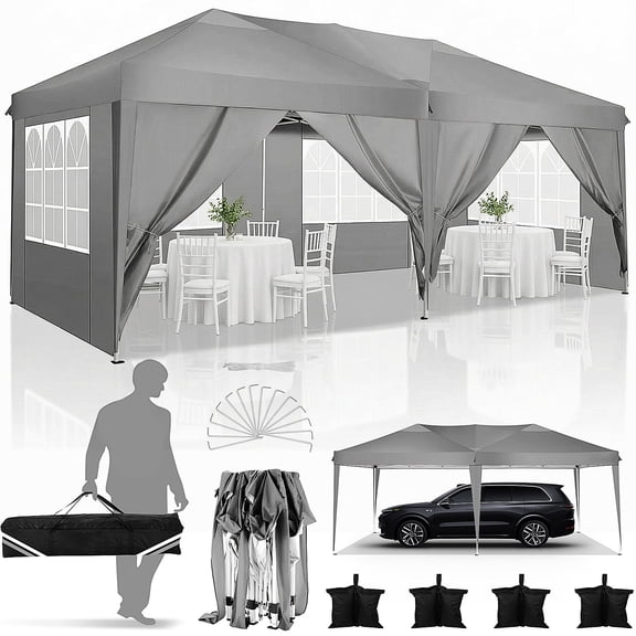 COBIZI 10x20 EZ Pop Up Canopy Tent Party Tent Outdoor Event Protable Instant Shelter Tent Gazebo with 6 Removable Sidewalls and Carry Bag,Gray