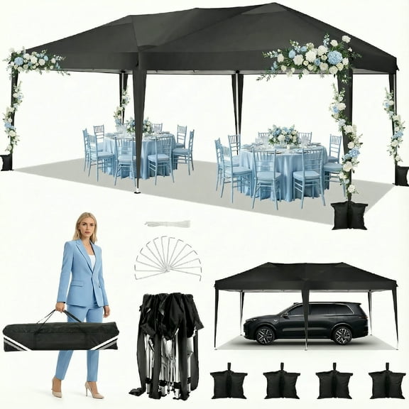 COBIZI 10x20 EZ Pop Up Canopy Tent Party Tent Outdoor Event Protable Instant Shelter Canopy Gazebo with Sandbags and Carry Bag,Black