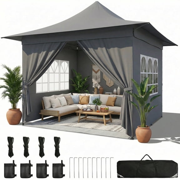 COBIZI 13x13 Heavy Duty Pop up Canopy, Commercial Party Tent with 4 Sidewalls, 4 Sandbags, Waterproof, Height Adjustable, Gray