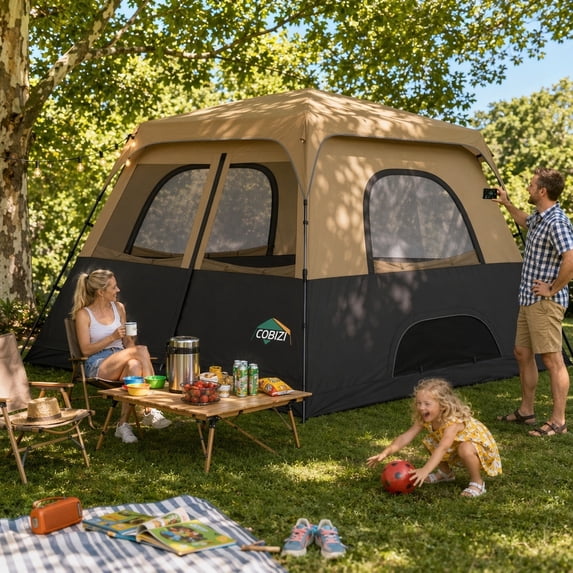 COBIZI 4-6-8 Person Family Camping Tent with Instant Pop-Up Setup, 10x9FT 210D Oxford Waterproof PU2000mm & Fire Resistant, Mesh Screen Windows, Wind Ropes and Stakes Included, Khaki