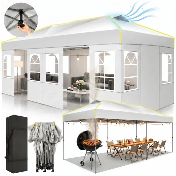 COBIZI 10x20 FT One-Push Pop Up Canopy Tent, 6 Sidewalls, Mesh-Screened Vents, Waterproof UPF 50+ Outdoor Tent, 3-Level Height Adjustable, Includes Carry Bag, Sandbags, Stakes and Ropes, White