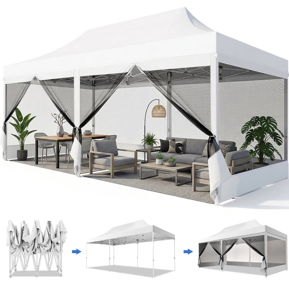 COBIZI 10x20 Heavy Duty Pop up Canopy with Mosquito Net,Instant Outdoor Shelter Large Canopy Tent for Outside,Gazebo with Mesh Sidewalls for Party,Backyard,Camping,White
