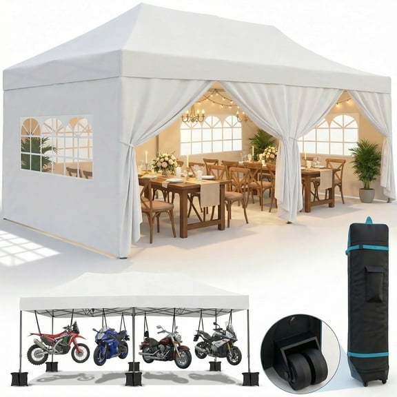 COBIZI 10x20 Heavy Duty Pop up Canopy Tent with 6 sidewalls Easy Up Commercial Outdoor Canopy Wedding Party Tent for Beach All Season Wind & Waterproof Gazebo with Roller Bag,White(Frame Thickened)