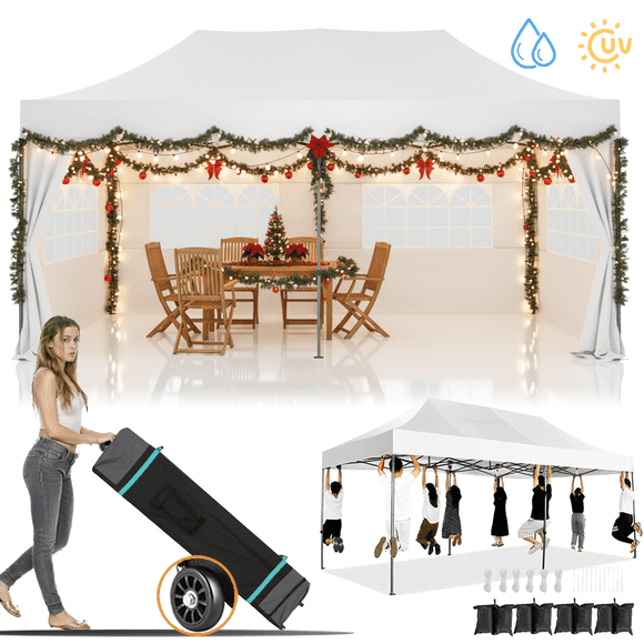 COBIZI 10x20 Heavy Duty Pop up Canopy Tent with 6 sidewalls Easy Up Commercial Outdoor Canopy Wedding Party Tent for Beach All Season Wind & Waterproof Gazebo with Roller Bag,White(Frame Thickened)