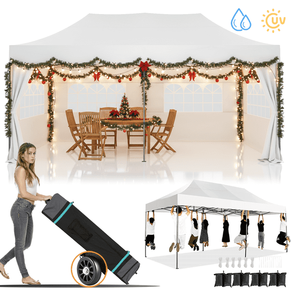 COBIZI 10x20 Heavy Duty Pop up Canopy Tent with 6 sidewalls Easy Up Commercial Outdoor Canopy Wedding Party Tent for Beach All Season Wind & Waterproof Gazebo with Roller Bag,White(Frame Thickened)