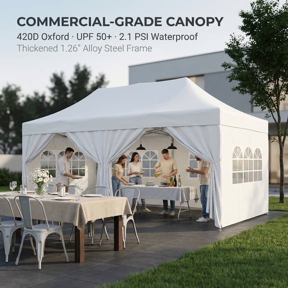 COBIZI 10x20 Pop up Canopy Tent with 6 Sidewalls, Heavy Duty Waterproof Wedding Party Tent with Roller Bag, White