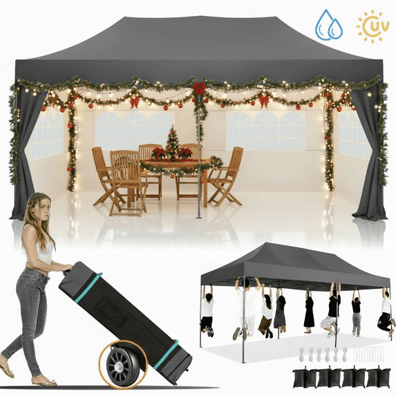 COBIZI 10x20 Heavy Duty Pop up Canopy Tent with 6 sidewalls Easy Up Commercial Outdoor Canopy Wedding Party Tents for Parties All Season Wind & Waterproof Gazebo with Roller Bag,Gray(Frame Thickened)