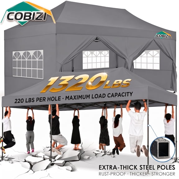 COBIZI 10x20 Heavy Duty Pop Up Canopy Tent, Reinforced Frame 220 LBS/Leg, 6 Removable Sidewalls, Waterproof & Windproof, with Wheeled Bag, Sandbags & Ground Stakes, for Wedding & Trade Show, Gray