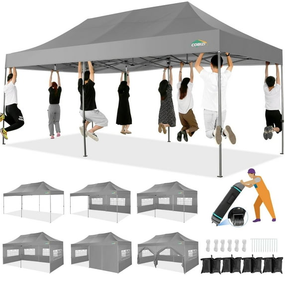 COBIZI 10x20 Heavy Duty Pop up Canopy Tent with 6 sidewalls Easy Up Commercial Outdoor Wedding Party Tents for Parties All Season Wind & Waterproof Gazebo Roller Bag,Gray