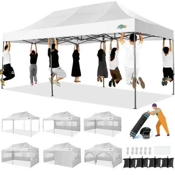 COBIZI 10x20 Heavy Duty Pop up Canopy Tent with 6 sidewalls Easy Up Commercial Outdoor Wedding Party Tents for Parties All Season Wind & Waterproof Gazebo Roller Bag,White