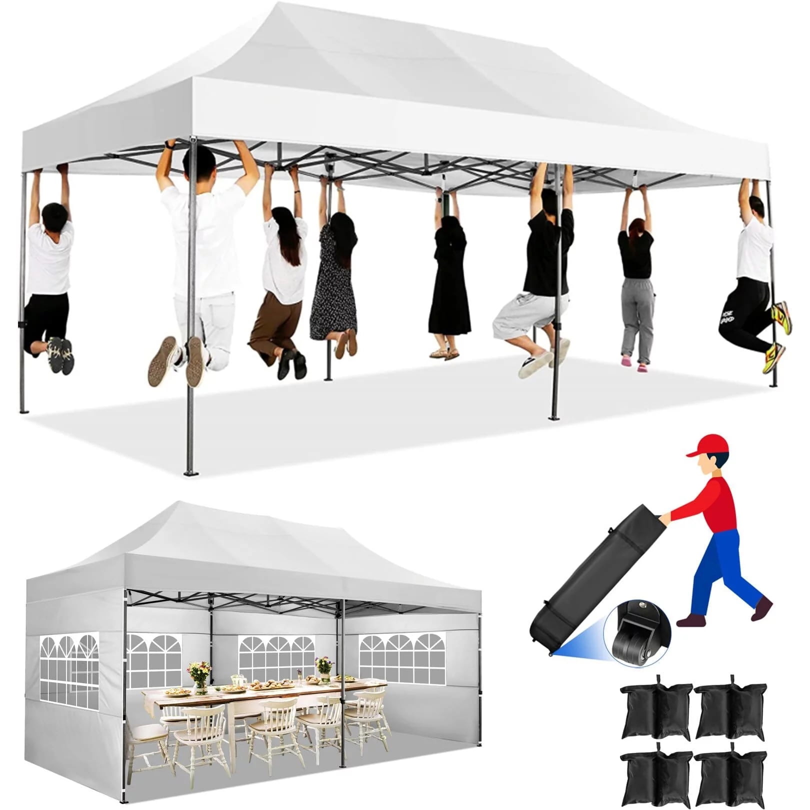 COBIZI 10x20 Heavy Duty Pop up Canopy Tent with 6 sidewalls Easy Up Commercial Outdoor Canopy Wedding Party Tent for Beach All Season Wind & Waterproof Gazebo with Roller Bag,White(Frame Thickened)