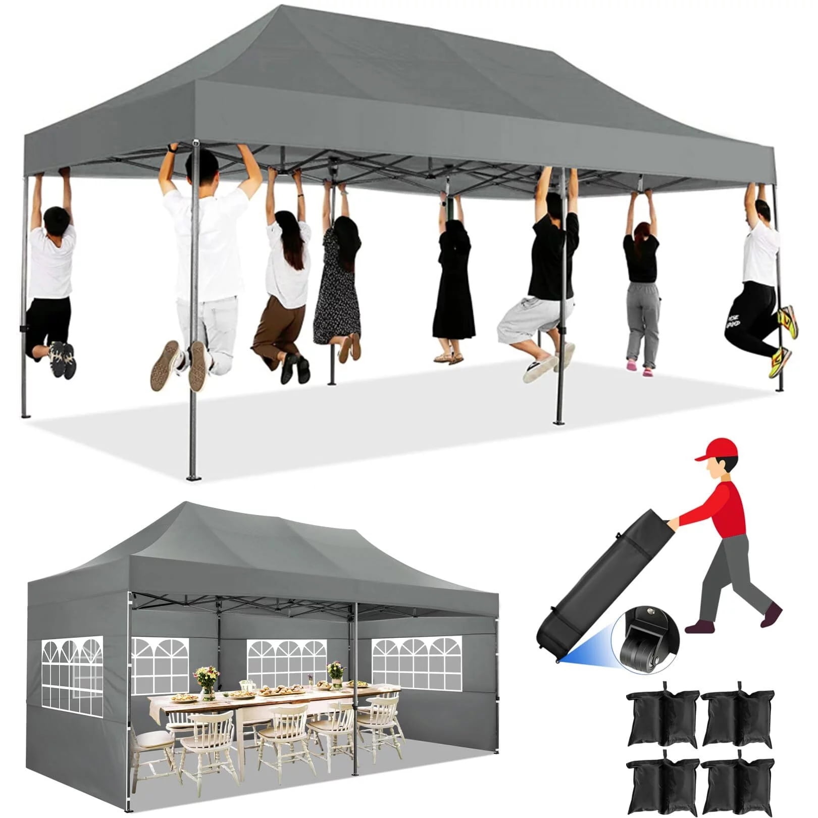 Gray 10x20 Heavy Duty Pop Up Canopy Tent with Sidewalls