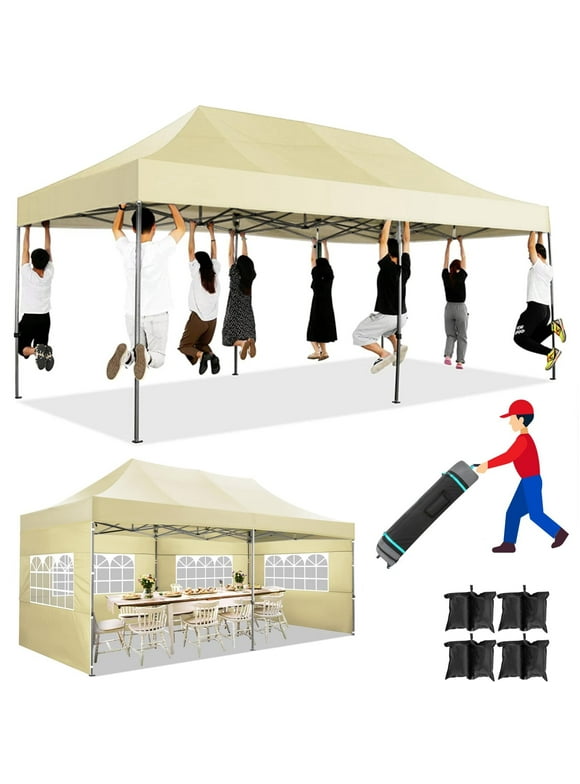 COBIZI 10x20 Heavy Duty Pop up Canopy Tent with 6 sidewalls Easy Up Commercial Outdoor Canopy Wedding Party Tents for Parties All Season Wind & Waterproof Gazebo with Roller Bag,Khaki (Frame Thickened