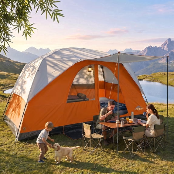 COBIZI 8-10-12 Person Camping Tent, Large Family Cabin Tent with Removable Rainfly, Mesh Roof for Stargazing, 84" Tall Center, Waterproof Design, Carry Bag, Orange