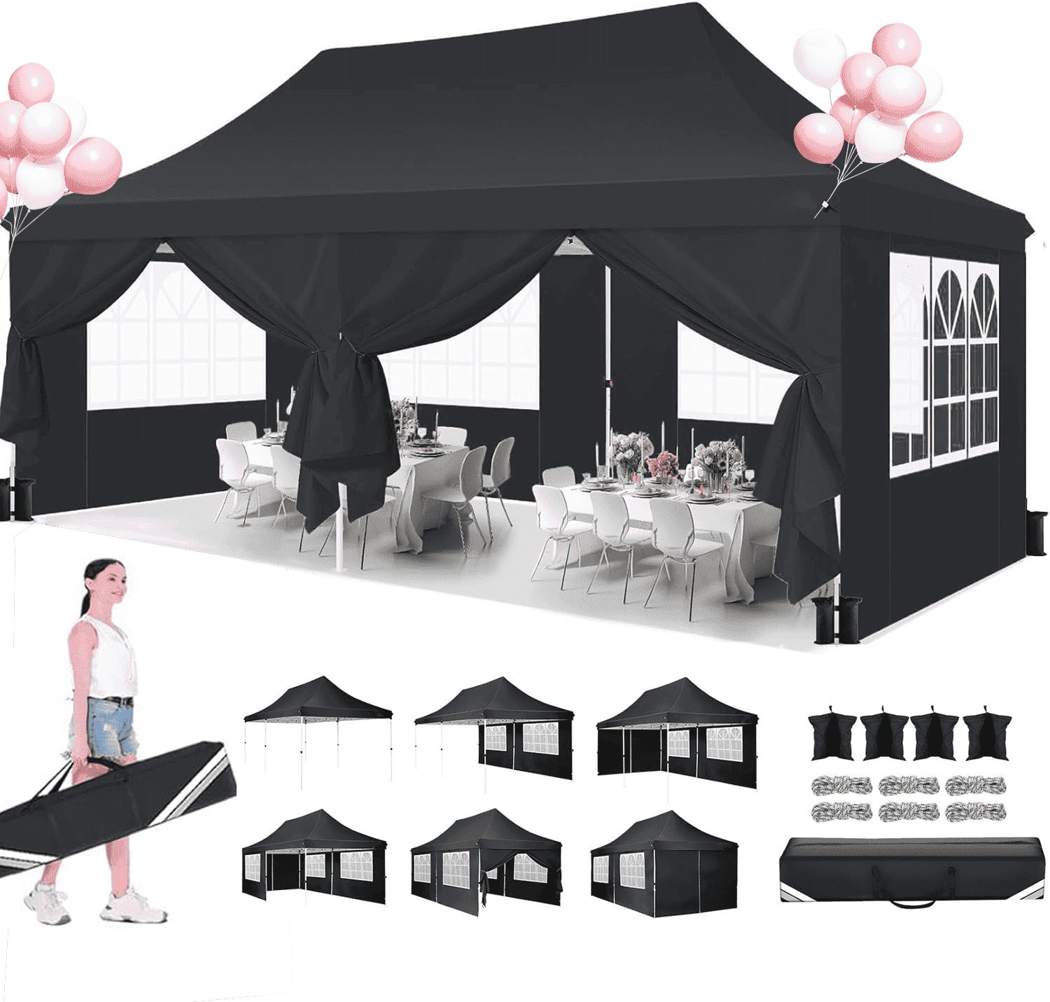 Black 10' x 20' Alloy Steel Outdoor Canopy Tent with Side Walls