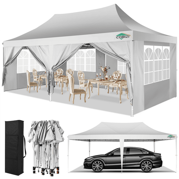 COBIZI 10x20 Pop Up Canopy with 6 Sidewalls, Conical Party Tent 10x20 with 3 Adjustable Height Waterproof, UV-Resistant with Carry Bag, Sandbag, Stake, Tents for Parties, Commercial (Frame Upgraded)