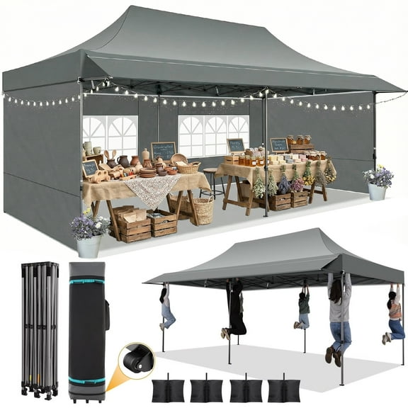 COBIZI 10x20 Pop Up Canopy, Heavy Duty Full-Truss Party Tent, Removable Awning & 4 Sidewalls, 420D PU Oxford, Waterproof, UPF 50+, 600D PVC Roller Bag, Gray
