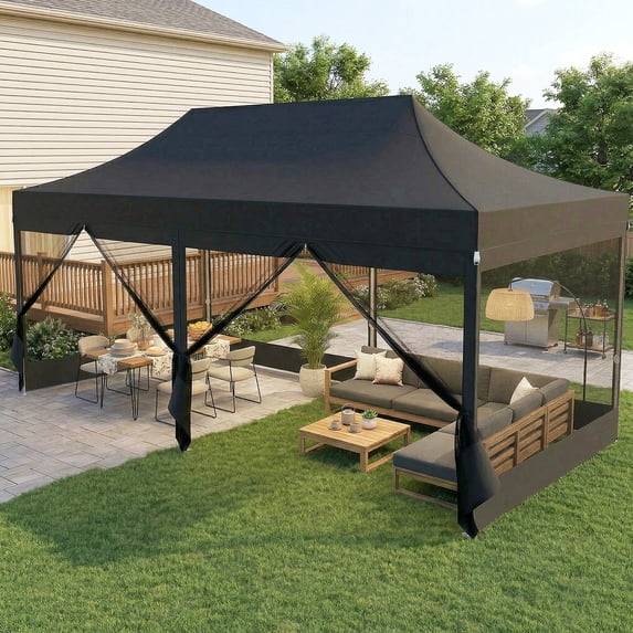 COBIZI 10x20 Heavy Duty Pop Up Canopy Tent with Mosquito Netting-Waterproof UPF 50+ Commercial Gazebo with Mesh Sidewalls,Full-Truss Instant Party Tent with Wheeled Bag,Black