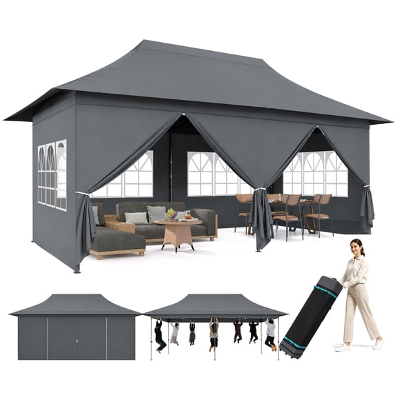 COBIZI 10x20 Heavy Duty Pop up Canopy Tent, Waterproof Outdoor Event Shelter with Extended Awning, UPF 50+, Instant Set up, Roller Bag, Gray