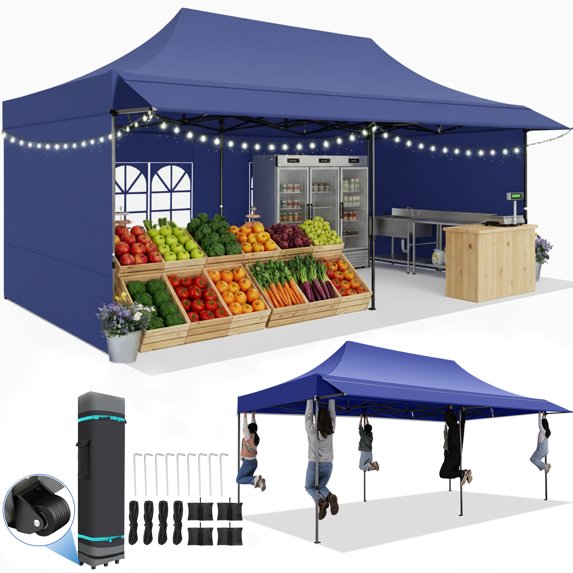 COBIZI 10x20 Pop Up Canopy, Heavy Duty Full-Truss Party Tent, Removable Awning & 4 Sidewalls, 420D PU Oxford, Waterproof, UPF 50+, 600D PVC Roller Bag, Dark Blue
