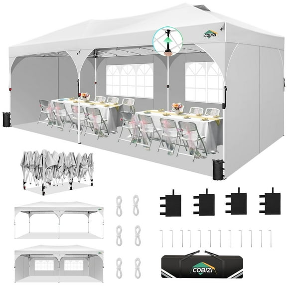 COBIZI 10x20 Pop up Canopy Tent with 4 Sidewalls,Party Tent One-Push Setup,Outdoor Canopy with Air Vent & Fluorescent Strip,Waterproof Event Shelter Gazebo for Parties,Commercial,UPF 50+,White