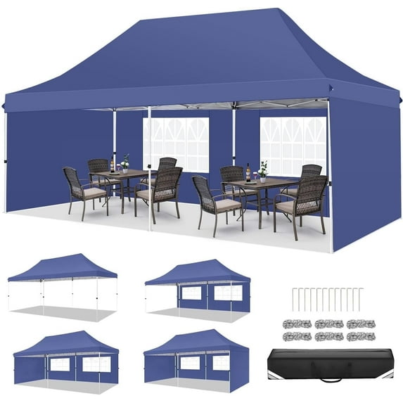 COBIZI 10x20 Pop up Canopy Tent with 4 Sidewalls, Waterproof Commercial Grade EZ Outdoor Gazebo with UV 50+ Protection, Instant Setup Event Shelter for Parties, Garden, and Camping, Dark Blue