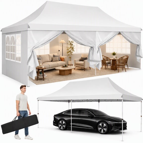 COBIZI 10x20 ft Pop Up Canopy Tent with 6 Removable Sidewalls, Waterproof UPF 50+, Wind Resistant, 3 Adjustable Heights, Easy Setup for Outdoor Party Wedding Event, White