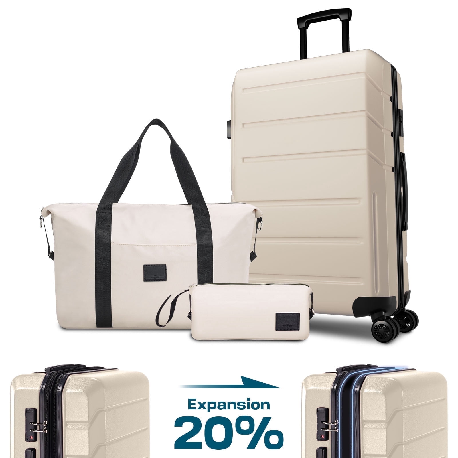COBIZI 3 Piece Luggage Set Expandable ABS+PC Hardshell Carry on Suitcase with Spinner Wheels & TSA Lock for Men and Women, Rolling Carry-on Suit Case for Plane, Travel, Business, Beige(20in/DB/TB)
