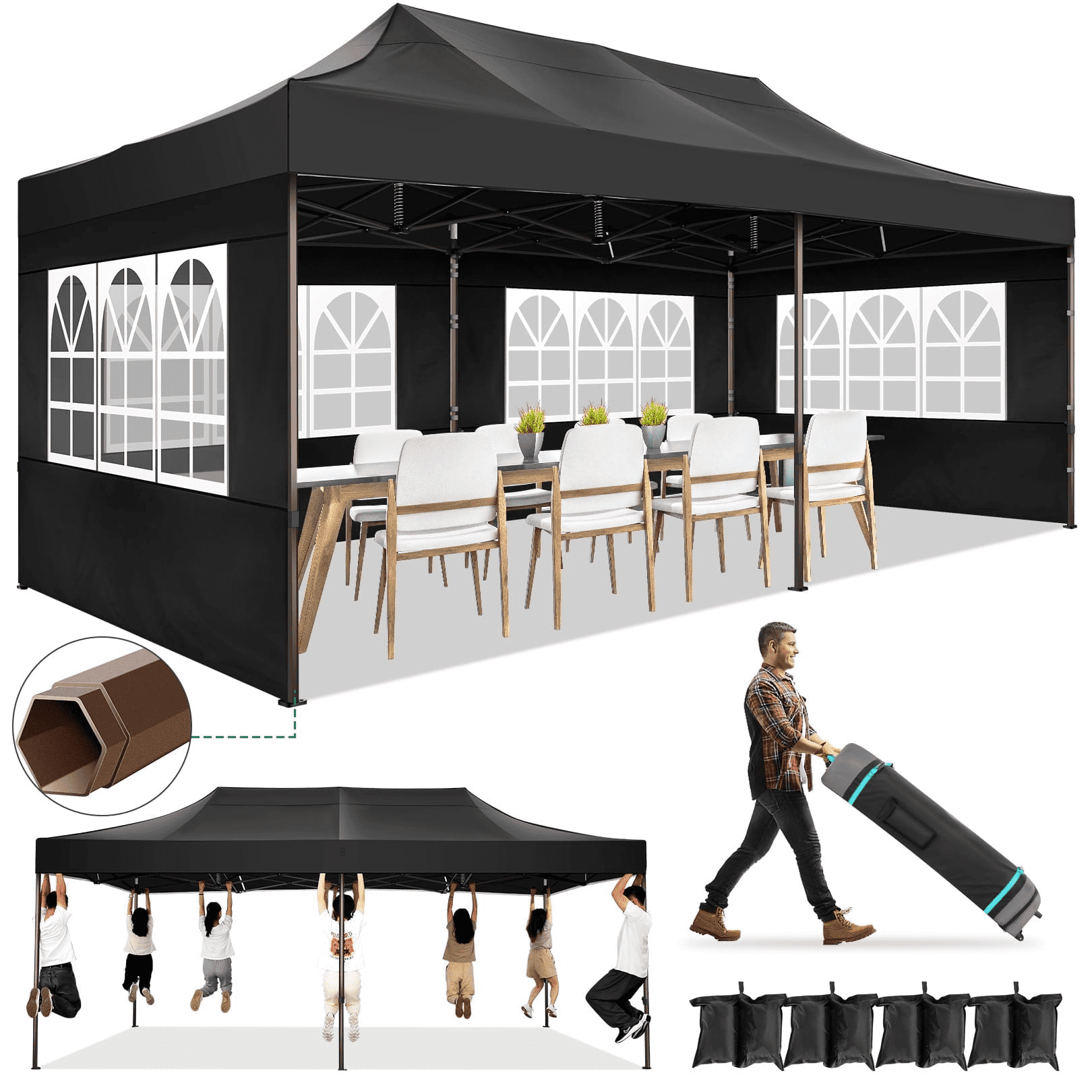 Black 10' x 20' Alloy Steel Outdoor Canopy Tent with Side Walls