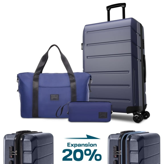 COBIZI 3 Piece Luggage Set Expandable ABS+PC Hardshell Carry on Suitcase with Spinner Wheels & TSA Lock Rolling Carry-on Suit Case for Plane, Travel, Business, Dark Blue(20in/DB/TB)