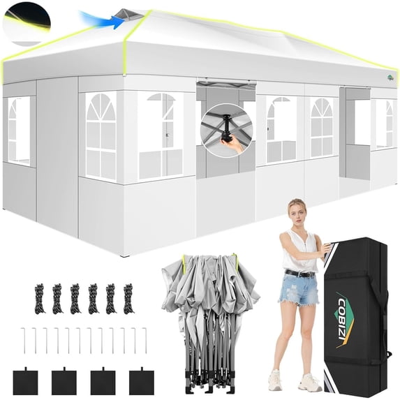 COBIZI 10x20 Pop Up Canopy Tent, Outdoor Party Tent With 6 Sidewall One Push Setup Glow, 3 Adjustable Height Air Vent Waterproof UPF50+, Bag, 4 Sandbag, 6 Stake, 12 Rope for Beach, Commercial