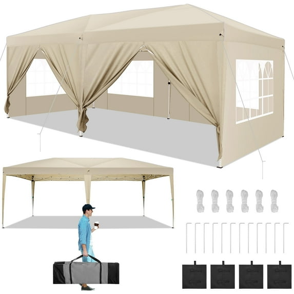 COBIZI 10x20 Pop up Canopy Tent for Parties, Easy up Outdoor Gazebo Commercial Event Tent with 6 Sidewalls & 4 Sandbags & Top Reinforced for Wedding Backyard Patio, Khaki