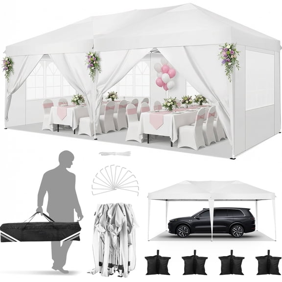 COBIZI 10x20 Pop up Canopy Party Tent Outdoor Event Protable Instant Shelter Canopy Gazebo with 6 Removable Sidewalls and Carry Bag,White