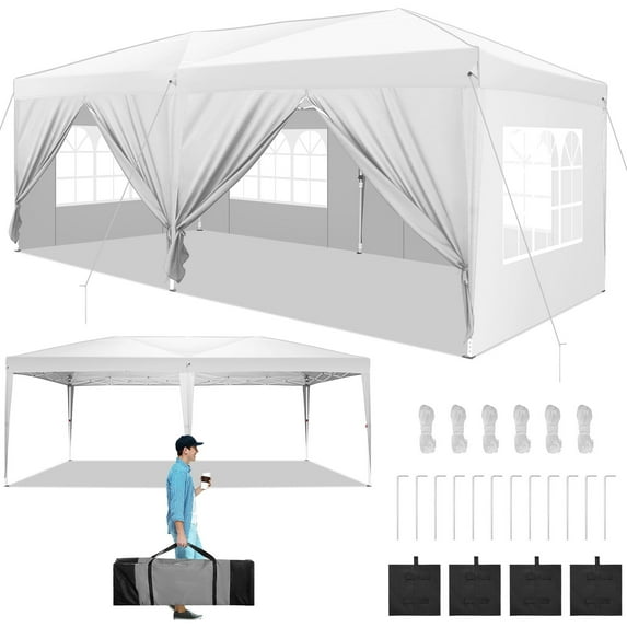 COBIZI 10x20 Pop-up Canopy Tent for Parties, Easy Up Outdoor Gazebo Commercial Event Tent with 6 Sidewalls & 4 Sandbags & Top Reinforced for Wedding Backyard Patio, White