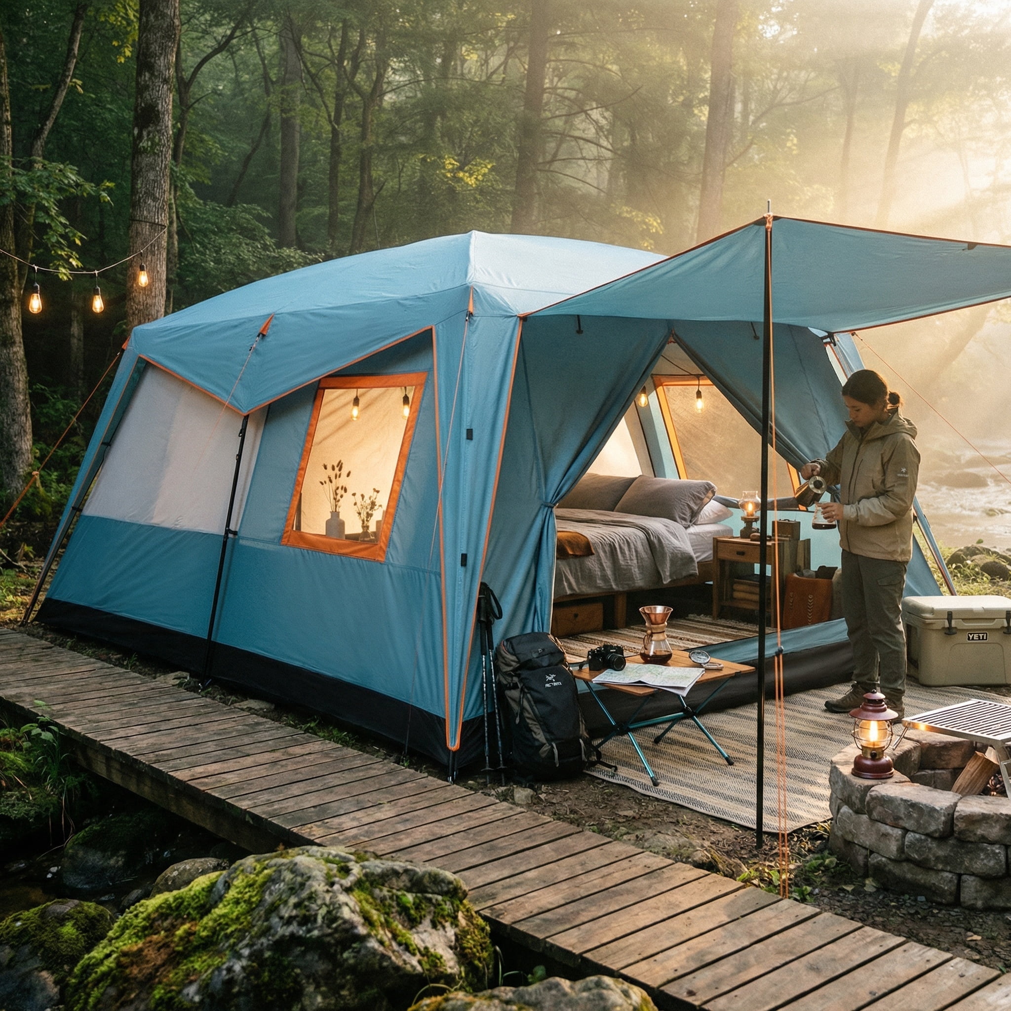COBIZI 6-8-10 Person Family Camping Tents with Easy Setup & 2 Room Design, 10x14FT Heavy Duty Waterproof & UV Protection Tent with Removable Rainfly, Wind Ropes and Stakes, Light Blue