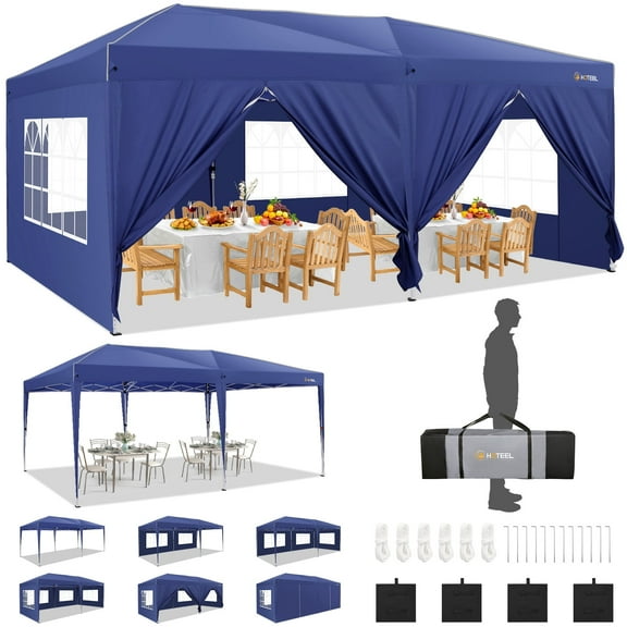COBIZI 10x20 Pop-up Canopy Tent for Parties, Easy Up Party Tent Waterproof Canopy Tent with Sidewalls, Outdoor Event Tent for Wedding, Backyard, with Center Lock, Sandbags,Top Reinforced,dark blue