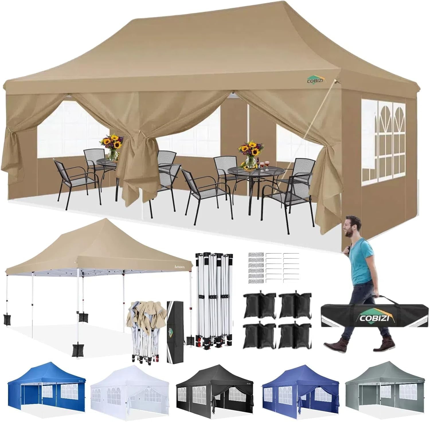 COBIZI 10x20FT Pop up Canopy Tent with 6 Removable Sidewalls, Outdoor ...