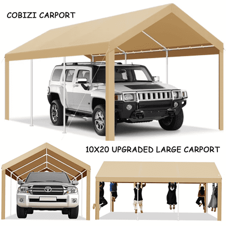 COBIZI 10x20ft Carport Heavy Duty, Portable Car Garage with Built-in Sandbags, Waterproof Car Canopy for Truck, Boat, SUV with All-Season Tarp, Khaki
