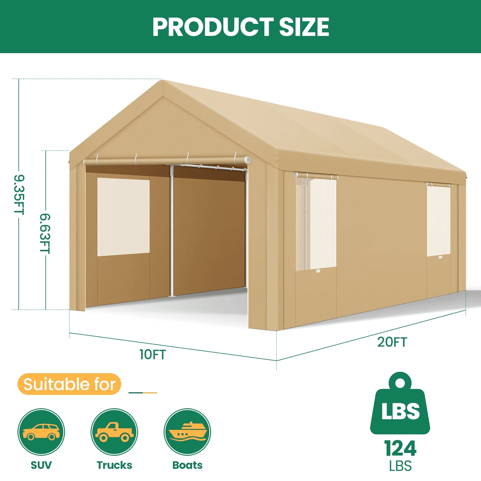 COBIZI Carports 10x20 Heavy Duty Car Canopy Garage with Removable Sidewalls & Doors, Galvanized Frame Portable Carport Canopy with Built-in Sandbags & All-Season Tarp for Car Boat Truck, Gray