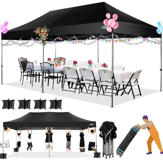 COBIZI 10x20ft Pop up Canopy, Heavy Duty Party Canopy Waterproof Commercial for Outdoor,Black