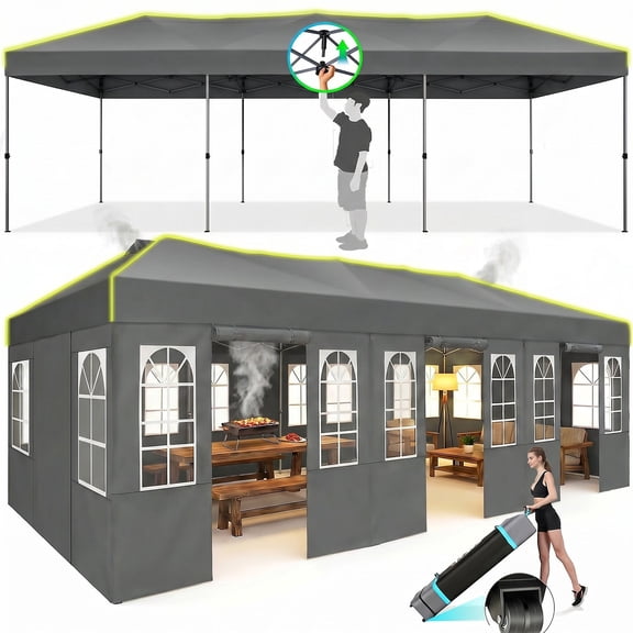 COBIZI 10x30 Canopy Party Tent with 8 Sidewalls,Waterproof UPF 50+ 0utdoor Wedding Event Tents for Parties Backyard Pop up Canopy Gazebo with 4 Sand Bags&Carry Bags,Gray