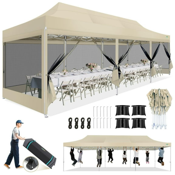 COBIZI 10x30 Canopy Tent, Heavy Duty Pop up Canopy with Sidewalls, Waterproof Easy Setup Canopy with Mosquito Netting, Outdoor Instant Screen Tents for Parties, Wedding with Roller Bag, Black