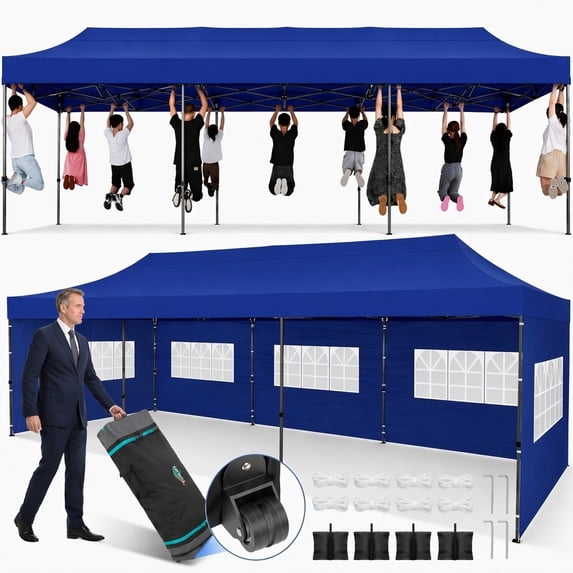 COBIZI 10x30 Pop Up Canopy Tent with 8 Sidewalls, Heavy Duty Waterproof UPF 50+ Commercial Instant Gazebo, Ez Setup for Party, Wedding & Trade Show, Includes Roller Bag, Dark Blue
