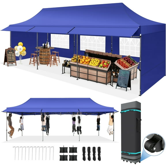 COBIZI 10x30 Heavy Duty Commercial Pop Up Canopy Tent - Waterproof 420D Oxford UPF 50+, Removable Awning & 5 Sidewalls, Easy Setup for Weddings Parties Outdoor Events,Dark Blue