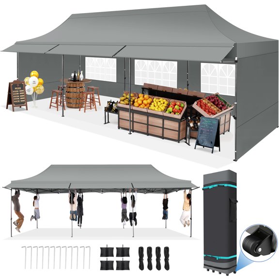 COBIZI 10x30 Heavy Duty Commercial Pop Up Canopy Tent - Waterproof 420D Oxford UPF 50+, Removable Awning & 5 Sidewalls, Easy Setup for Weddings Parties Outdoor Events,Gray