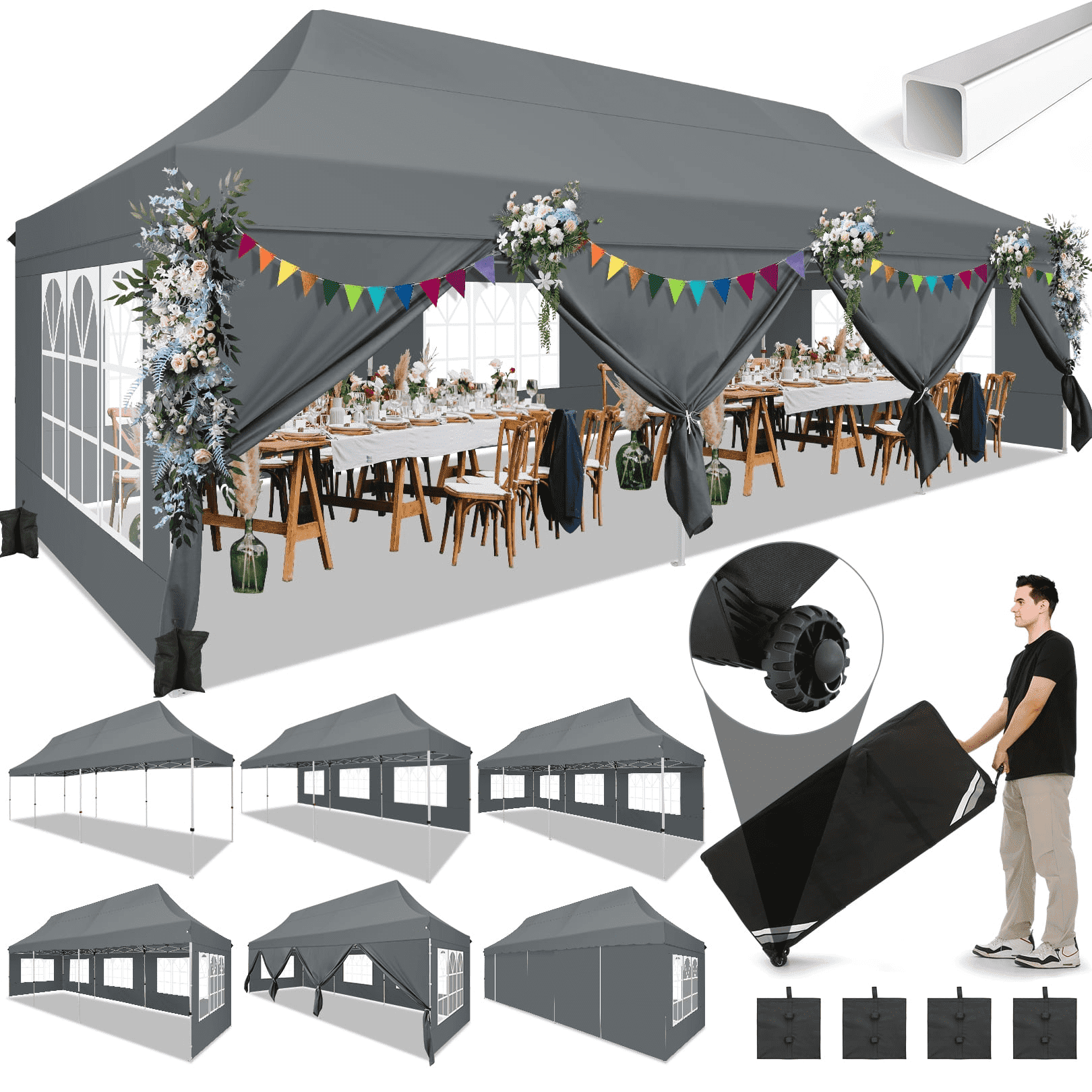 COBIZI 10x30 Pop Up Canopy Tent With 8 Sidewalls - Waterproof Instant Party Tent For Weddings, Backyard, Outdoor Events