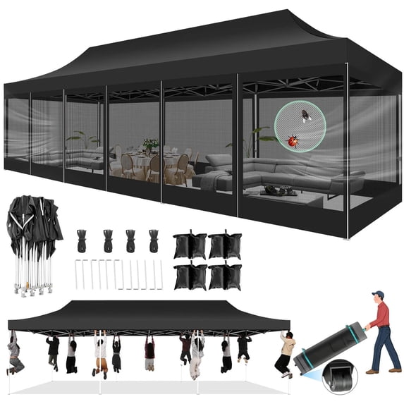COBIZI 10x30 Heavy Duty Pop up Canopy with Mosquito Net,Instant Outdoor Shelter Large Canopy Tent for Outside,Gazebo with Mesh Sidewalls for Party,Backyard,Camping,Black