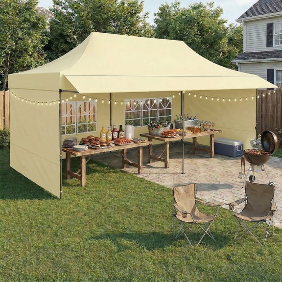 COBIZI 10x20 Heavy Duty Pop Up Canopy, Waterproof 420D PU Oxford, UPF 50+, Removable Awning & 4 Sidewalls, Easy Set-Up Party Tent with 1080D Roller Bag, Level 4 Wind Resistance,Khaki