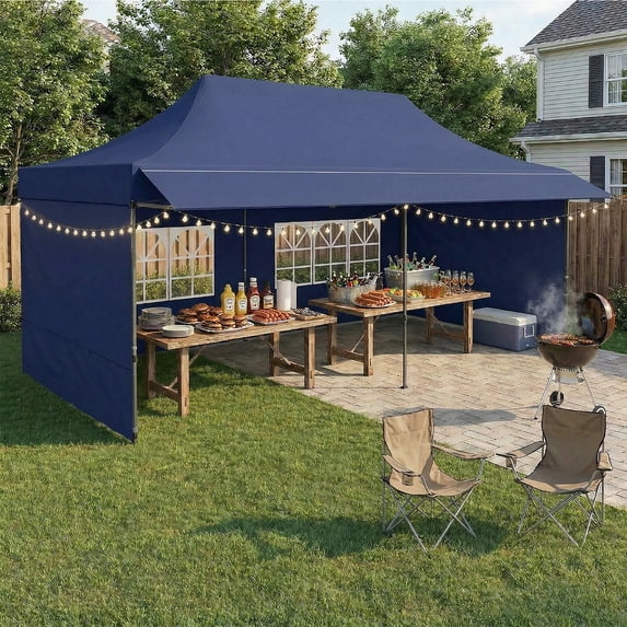 COBIZI 10x20 Heavy Duty Pop Up Canopy for Party Wedding Outdoor Events, Waterproof 420D PU Oxford UPF 50+, Removable Awning & 4 Sidewalls, Easy Set-Up with 1080D Roller Bag,Bark Blue